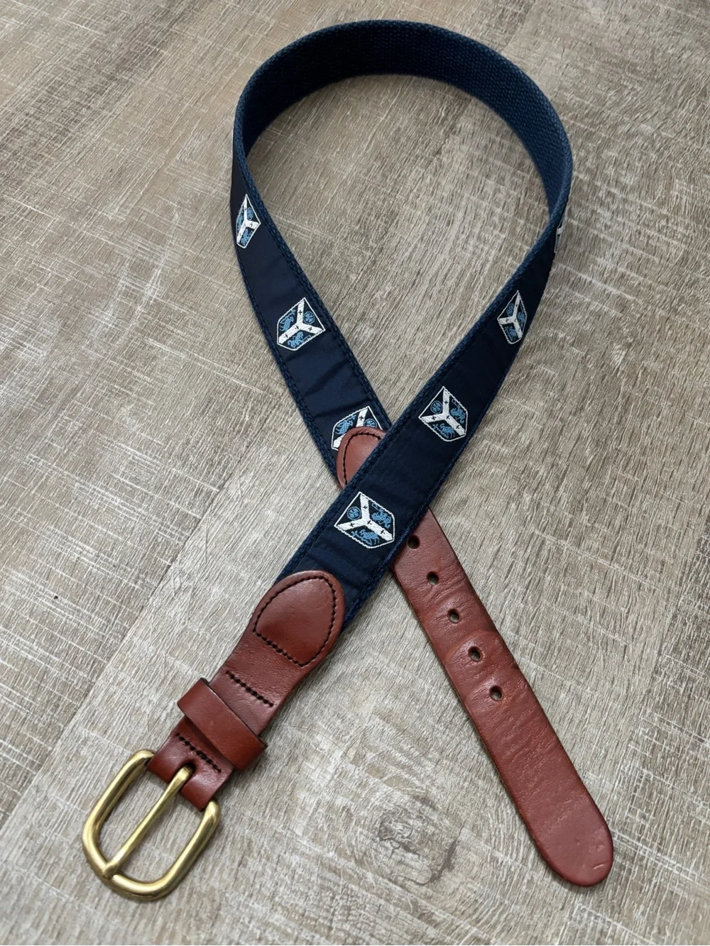 Leather Man Ltd Golf Country Club Belt Mens 32 Navy Blue Tan Leather Preppy
